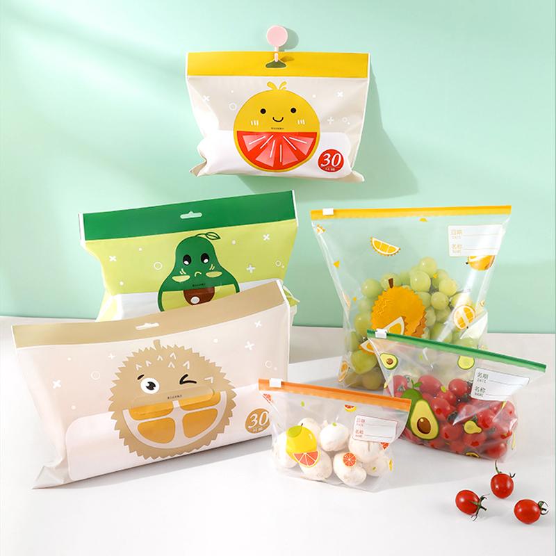 30 шт./упак. влагонепроницаемый мешок для хранения свежих продуктов на кухне, многоразовый, подвесной, герметичный, с рисунком из мультфильмов, с замком-молнией